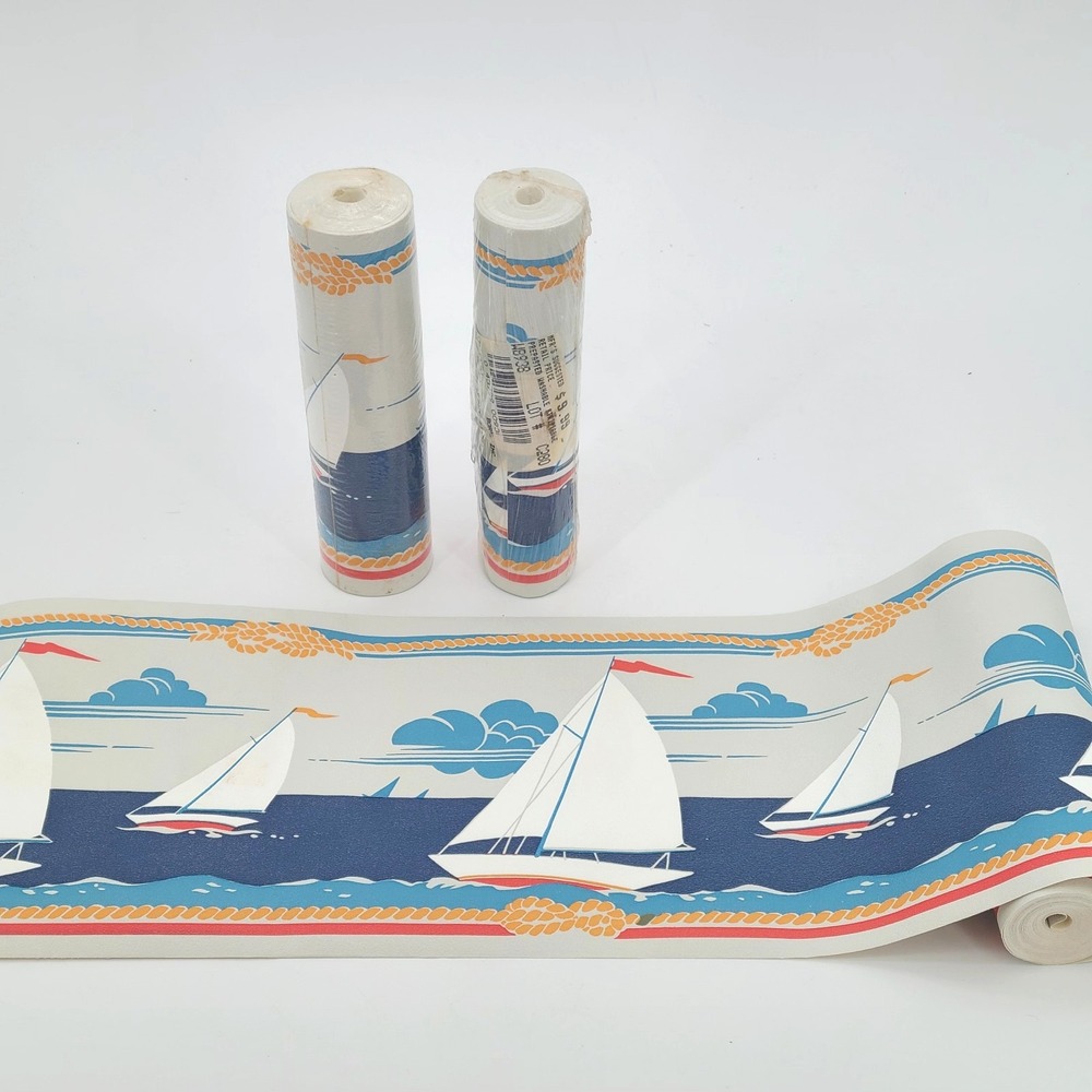 Vintage Lot of 3 Borden Inc Nautical Sailboat Wallpaper Border Prepasted 7" roll